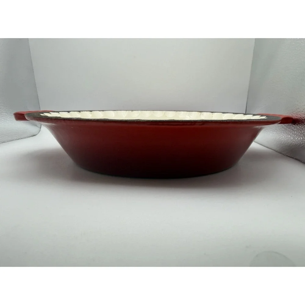 Vintage Red Enamelware Scalloped Pie Tart Quiche Baking Dish Double Handle